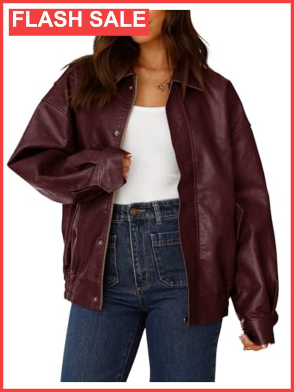 Faux Leather Motorcycle Jacket Oversized Zip Up Biker Coat
